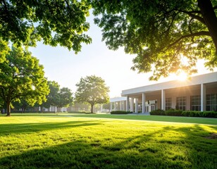 Obraz premium Sunlit green lawn with trees and modern building under clear skies