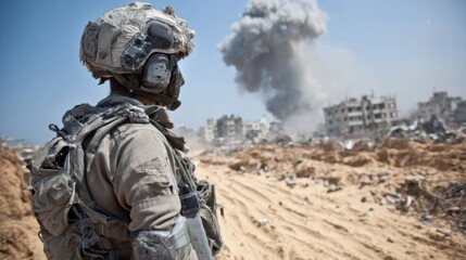 Brave Soldier Standing Vigilantly in Arid Desert Landscape Under Bright Blue Sky Evoking Feelings of Courage and Resilience Amidst Harsh Conditions