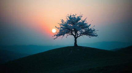 A single cherry blossom tree in full bloom standing on a small hill