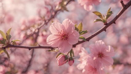 Obraz premium Macro image of a pink flower blooming on a tree in the spring season against a natural background.