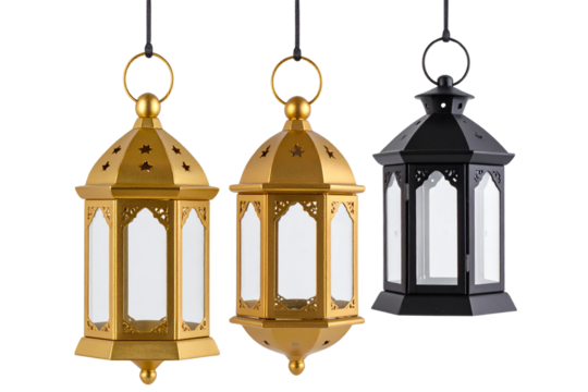 Set of Three Decorative Metal Lanterns with Glass Panels, isolated on a transparent background