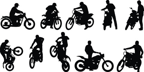 Silhouette of motorbike riders, various motorcycle poses, biker activities, stunt riding, urban motorcycling, black and white vector art, sports bikes, active lifestyle