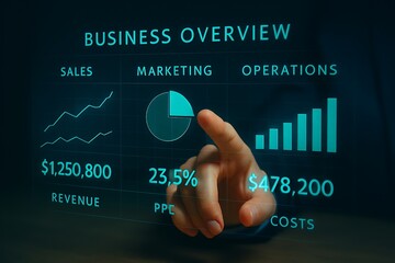 A digital display shows a business overview with charts and graphs, highlighting sales, marketing, and operations, with a hand pointing at the data