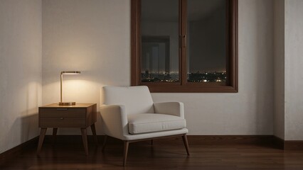 Fototapeta premium Focused image of a corner area furnished with a nightstand and a white armchair next to a window