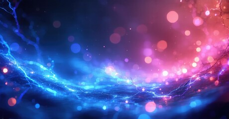 Abstract energy flow. Vibrant blue, pink hues blend. Light streaks create dynamic, ethereal effect. Dark background emphasizes luminosity.