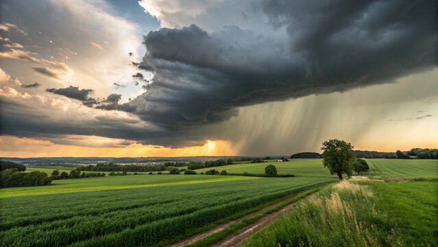 Dramatic storm clouds with sunbeams breaking through over green agricultural fields, dirt road leading toward distant trees and hills.