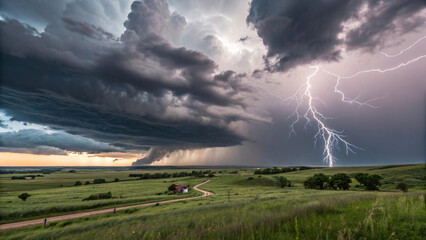 Massive supercell thunderstorm with lightning bolts striking rural landscape, dark ominous clouds over green prairie with small farmhouse below.