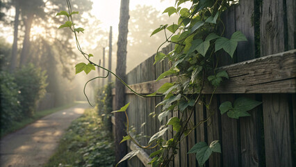 Wooden fence with climbing vines in soft morning light, creating peaceful pathway through misty forest with dappled sunlight filtering through.