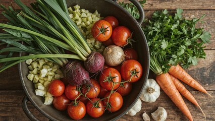 Close-up of a variety of fresh, homegrown vegetables such as beets, green onions, bulb onions, cherry tomatoes, parsley, fennel, garlic, and carrots arranged in an iron bowl on a wooden table with a