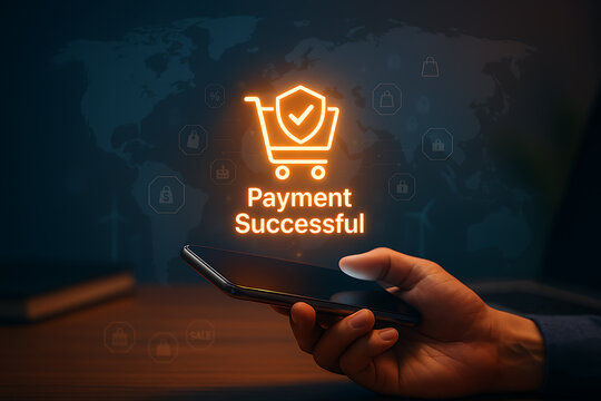 Mobile payment successful confirmation on smartphone with glowing cart icon, secure checkout, fintech transaction and digital wallet approval