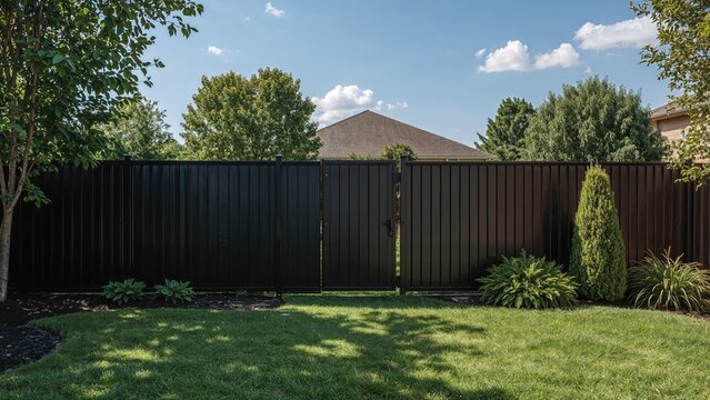 Black aluminum barrier with gate for outdoor backyard area