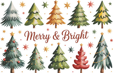 Watercolor Christmas tree clipart, Merry and Bright design, festive holiday decoration, hand painted pine illustration