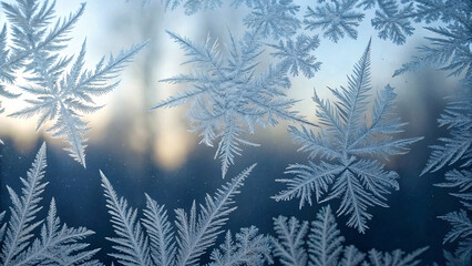 Intricate frost patterns on window glass resembling delicate ferns and feathers, with warm bokeh lights creating beautiful winter crystalline art.