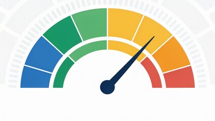Gauge displaying a spectrum of colors from green to red, indicating levels or intensities, with a needle pointing towards a specific value.