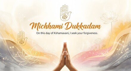 Jain festival michhami dukkadam with praying hands and spiritual aura