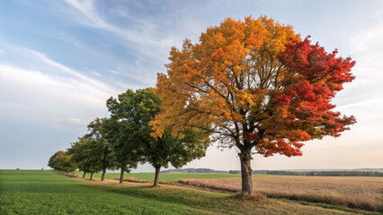 Naklejka premium Autumn countryside scene with colorful maple trees displaying orange and red foliage along rural fields under cloudy skies