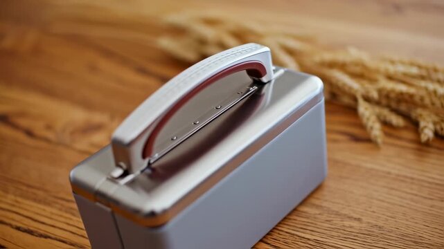 Elegant Lunchbox on Wooden Table with Wheat, Close-Up Shot