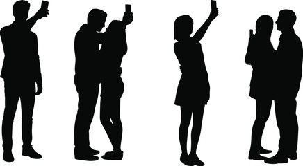Silhouette of people taking selfies, couple posing with smartphones, social media moments, mobile phone photography, friendship, digital connection, lifestyle, modern communication