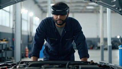 A mechanic using augmented reality technology to inspect an engine in a modern automotive workshop.