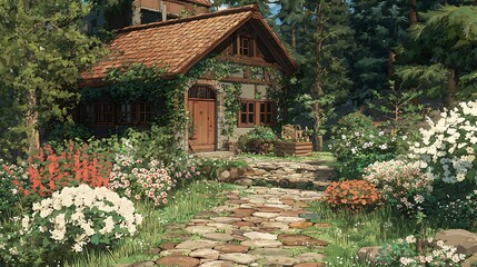 Enchanting Cottage Garden Path Leading to a Cozy Stone House Surrounded by Lush Greenery and Vibrant Flowers