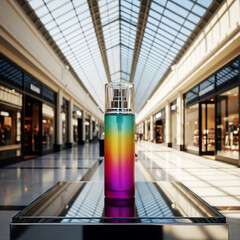 Elegant Colorful Beauty Product Display in Sunlit Modern Mall