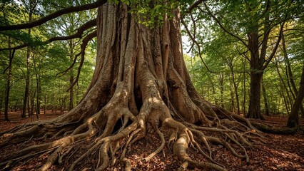 Obraz premium Giant Tree Featuring Vast Roots Inside the Forest