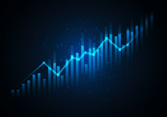 Upward trending financial graph with blue bars and glowing line chart
