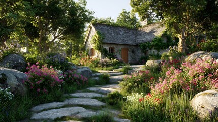Enchanting Cottage Garden Path Bathed in Golden Sunlight