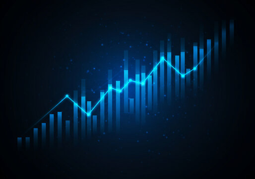 Upward trending financial graph with blue bars and glowing line chart