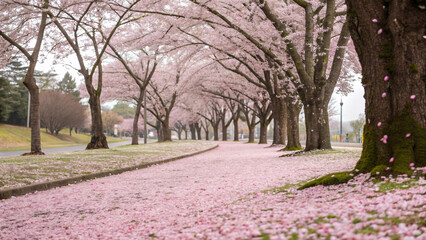Fototapeta premium Cherry blossom tunnel pathway covered in pink fallen petals with blooming sakura trees creating natural archway in spring park