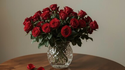 Fototapeta premium Red rose bouquet displayed in a transparent vase on a surface, suitable for weddings and birthdays