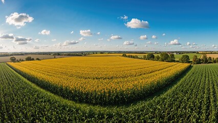 Top-down view of agricultural fields filled with sunflowers and corn on a clear day.