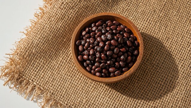 Close-up of black-eyed beans in a wooden dish resting on coarse jute material