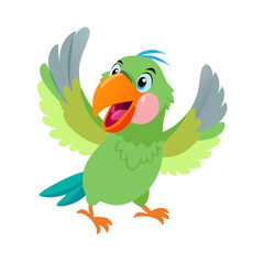 Excited Cartoon Green Parrot Bird with Wings Up Vector