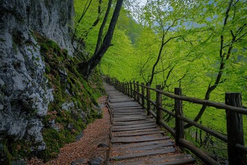 Walkway in a green spring beech forest beautiful, landscape