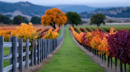 Rustic Fence Lines Colorful Autumn Vineyard