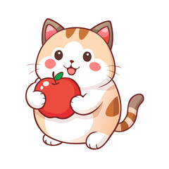Cute Tabby Cat Cartoon Eating a Big Red Apple Vector