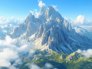 Breathtaking panorama of towering mountain peaks, surrounded by clouds and a clear blue sky