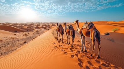 Landscape with camels in desert area, sun sand dunes, nature