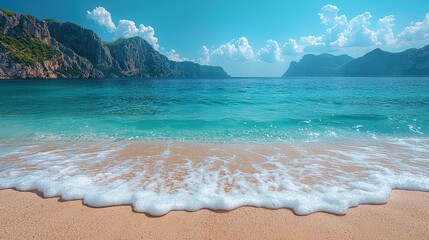 Clear sea water with white foam at the sandy beach