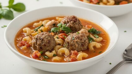 Bowl of nutritious soup with meatballs, veggies, and tiny pasta on a bright surface