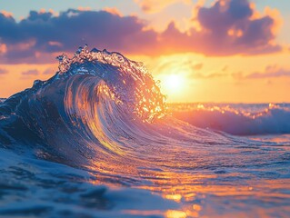 Clear sea wave in crest shape, sunset light and beautiful clouds on background