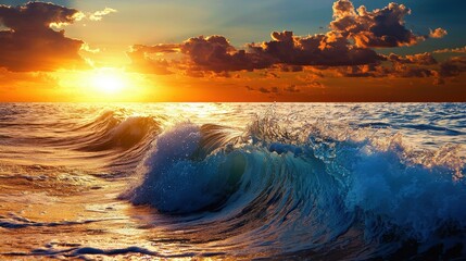 Clear sea wave in crest shape, sunset light and beautiful clouds on background