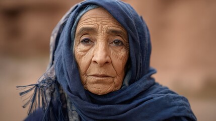 Portrait of elderly woman in scarf.