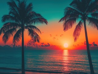 Dark palm trees silhouettes on colorful tropical ocean sunset landscape