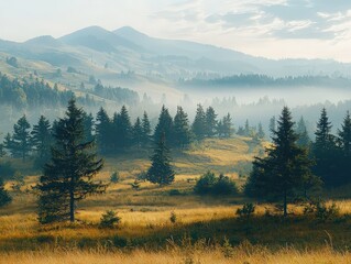 Brumous elevation countryside with mystical fir-tree timberland in haze
