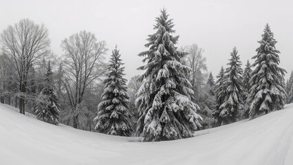 Snow-laden forest in black and white