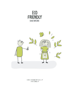 Vector hand drawn cartoon sketch of girl with eco shoper adn a boy supporting eco position. Environmentally friendly planet concept.Think Green.	