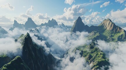 Breathtaking panorama of towering mountain peaks, surrounded by clouds and a clear blue sky