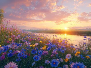 Landscape full of cornflowers and various flowers in a field along the river, sunset